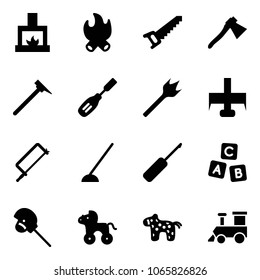 Solid vector icon set - fireplace vector, fire, saw, axe, mason hammer, chisel, wood drill, milling cutter, metal hacksaw, hoe, awl, abc cube, horse stick toy, wheel, train