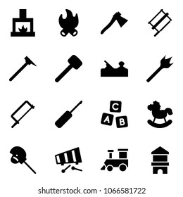 Solid vector icon set - fireplace vector, fire, axe, bucksaw, mason hammer, rubber, jointer, wood drill, metal hacksaw, awl, abc cube, rocking horse, stick toy, xylophone, train, block house