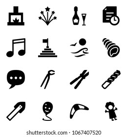 Solid vector icon set - fireplace vector, firework, wine, history, music, pyramid flag, waves, shell, chat, plumber, bolt cutter, drill, tile, balloon smile, boomerang, doll