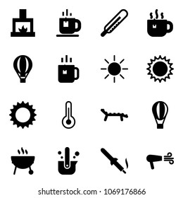 Solid vector icon set - fireplace vector, tea, thermometer, hot, air balloon, green, sun, lounger, grill, casting of steel, soldering iron, dryer