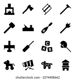 Solid vector icon set - fireplace vector, axe, bucksaw, mason hammer, rubber, jointer, chisel, wood drill, milling cutter, awl, abc cube, horse stick toy, wheel, xylophone, block house