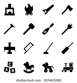 Solid vector icon set - fireplace vector, fire, saw, axe, mason hammer, rubber, chisel, wood drill, milling cutter, metal hacksaw, hoe, awl, abc cube, rocking horse, wheel, toy train