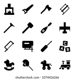 Solid vector icon set - fireplace vector, saw, axe, bucksaw, mason hammer, rubber, chisel, milling cutter, metal hacksaw, jig, awl, abc cube, rocking horse, stick toy, wheel, train