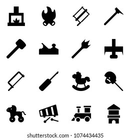 Solid vector icon set - fireplace vector, fire, bucksaw, mason hammer, rubber, jointer, wood drill, milling cutter, metal hacksaw, awl, rocking horse, stick toy, wheel, xylophone, train, block house