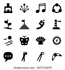 Solid vector icon set - fireplace vector, firework, music, community, sproute, pyramid flag, flying man, lighthouse, waves, butterfly, shell, sun power, chat, plumber, boomerang