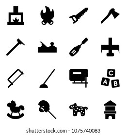 Solid vector icon set - fireplace vector, fire, saw, axe, mason hammer, jointer, chisel, milling cutter, metal hacksaw, hoe, jig, abc cube, rocking horse, stick toy, block house