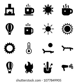 Solid vector icon set - fireplace vector, tea, sun, hot, air balloon, green, thermometer, lounger, fire, casting of steel, dryer