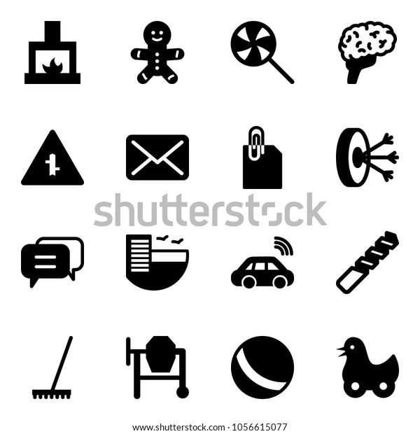 Solid vector icon set - fireplace vector, cake man,\
lollipop, brain, intersection road sign, mail, attachment,\
solution, dialog, hotel, car wireless, drill, rake, concrete mixer,\
ball, toy duck