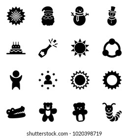 Solid vector icon set - firework vector, santa claus, snowman, cake, champagne, sun, community, success, star man, crocodile, bear toy, caterpillar