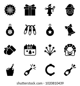 Solid vector icon set - firework vector, gift, santa claus, christmas ball, garland, bell, gloves, calendar, wreath, champagne, cent, fizz opening