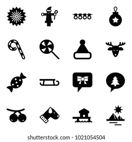 Solid vector icon set - firework vector, santa claus, garland, christmas ball, lollipop, hat, deer, candy, sleigh, bow message, merry, rowanberry, dog, bungalow, pyramid