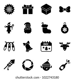 Solid vector icon set - firework vector, gift, bow, santa claus, christmas sock, ball, garland, bell, calendar, deer, rocket, wreath, elf, fizz opening