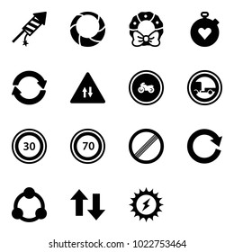 Solid vector icon set - firework rocket vector, christmas wreath, stopwatch heart, exchange, oncoming traffic road sign, no moto, trailer, speed limit 30, 70, reload, community, up down arrows