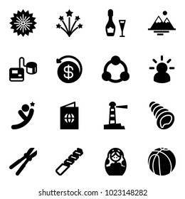 Solid vector icon set - firework vector, wine, mountains, tonometer, money back, social, idea, flying man, passport, lighthouse, shell, bolt cutter, drill, russian doll, basketball