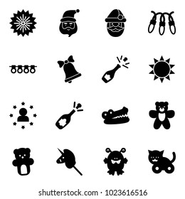 Solid vector icon set - firework vector, santa claus, garland, bell, champagne, sun, star man, fizz opening, crocodile, bear toy, unicorn stick, monster, cat