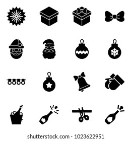Solid vector icon set - firework vector, gift, bow, santa claus, christmas ball, garland, bell, gloves, champagne, opening, fizz