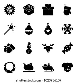 Solid vector icon set - firework vector, gift, christmas glove, Magic wand, ball, snowflake, gloves, snowman, deer, candy, wreath, turkey, santa sleigh, dog