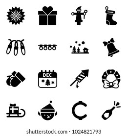 Solid vector icon set - firework vector, gift, santa claus, christmas sock, garland, landscape, bell, gloves, calendar, rocket, wreath, sleigh, elf, cent, fizz opening