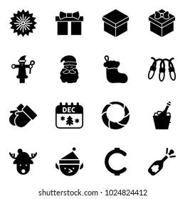 Solid vector icon set - firework vector, gift, santa claus, christmas sock, garland, gloves, calendar, wreath, champagne, deer hat, elf, cent, fizz opening
