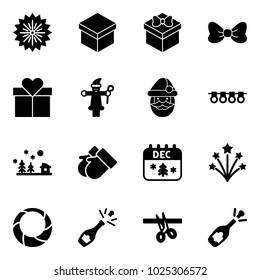 Solid vector icon set - firework vector, gift, bow, santa claus, garland, christmas landscape, gloves, calendar, wreath, champagne, opening, fizz