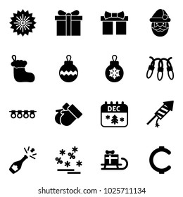 Solid vector icon set - firework vector, gift, santa claus, christmas sock, ball, garland, gloves, calendar, rocket, champagne, sale, sleigh, cent