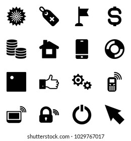 Solid vector icon set - firework vector, medical label, flag, dollar sign, coin, home, phone, lifebuoy, finger up, gear, mobile, notebook wi fi, wireless lock, standby button, cursor