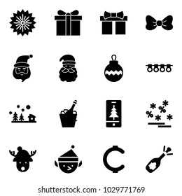 Solid vector icon set - firework vector, gift, bow, santa claus, christmas ball, garland, landscape, champagne, mobile, sale, deer hat, elf, cent, fizz opening