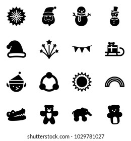 Solid vector icon set - firework vector, santa claus, snowman, christmas hat, flag garland, sleigh gift, elf, community, sun, rainbow, crocodile, bear toy, elephant wheel