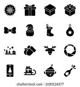 Solid vector icon set - firework vector, gift, bow, santa claus, christmas sock, ball, landscape, gloves, deer, wreath, mobile, sleigh, elf, fizz opening
