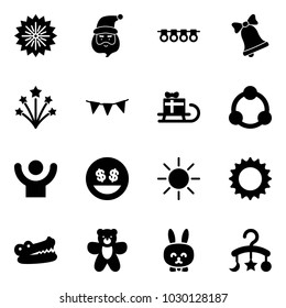 Solid vector icon set - firework vector, santa claus, garland, bell, flag, sleigh gift, community, success, money smile, sun, crocodile, bear toy, rabbit, baby carousel