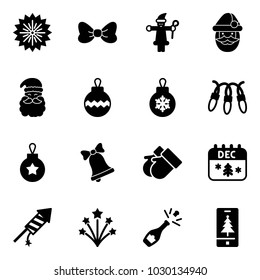 Solid vector icon set - firework vector, bow, santa claus, christmas ball, garland, bell, gloves, calendar, rocket, champagne, mobile