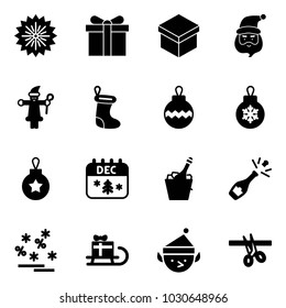 Solid vector icon set - firework vector, gift, santa claus, christmas sock, ball, calendar, champagne, sale, sleigh, elf, opening