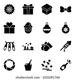 Solid vector icon set - firework vector, gift, bow, santa claus, christmas ball, garland, landscape, gloves, rocket, wreath, champagne, sale, fizz opening