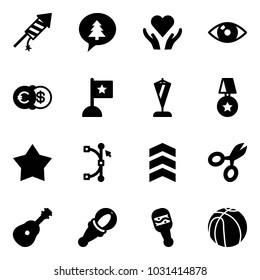 Solid vector icon set - firework rocket vector, merry christmas message, heart care, eye, euro dollar, flag, pennant, star medal, bezier, chevron, scissors, guitar, beanbag, basketball
