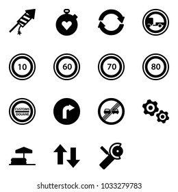 Solid vector icon set - firework rocket vector, stopwatch heart, exchange, no trailer road sign, speed limit 10, 60, 70, 80, customs, only right, end overtake, gears, inflatable pool, up down arrows
