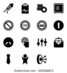 Solid vector icon set - firework rocket vector, pulse clipboard, coin, safe, prohibition road sign, speed limit 100, no bus, only forward, detour, hand cursor, settings, opened mail, tie, success