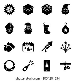 Solid vector icon set - firework vector, gift, santa claus, christmas sock, ball, gloves, calendar, rocket, wreath, champagne, mobile, opening