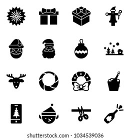 Solid vector icon set - firework vector, gift, santa claus, christmas ball, landscape, deer, wreath, champagne, mobile, elf, opening, fizz