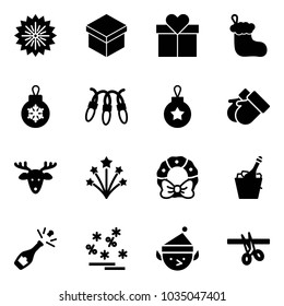 Solid vector icon set - firework vector, gift, christmas sock, ball, garland, gloves, deer, wreath, champagne, sale, elf, opening