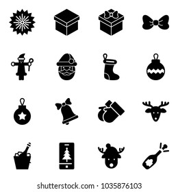Solid vector icon set - firework vector, gift, bow, santa claus, christmas sock, ball, bell, gloves, deer, champagne, mobile, hat, fizz opening