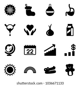Solid vector icon set - firework vector, christmas sock, ball, stomach, bladder, heart care, onion, milk, globe, calendar, growth, dollar chart, sun, rainbow, crocodile, bear toy