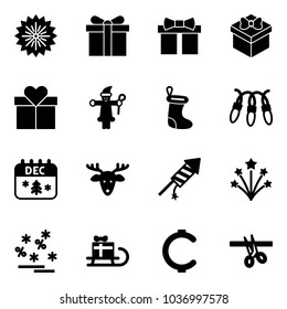 Solid vector icon set - firework vector, gift, santa claus, christmas sock, garland, calendar, deer, rocket, sale, sleigh, cent, opening