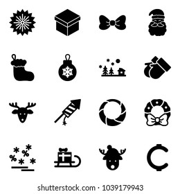 Solid vector icon set - firework vector, gift, bow, santa claus, christmas sock, ball, landscape, gloves, deer, rocket, wreath, sale, sleigh, hat, cent