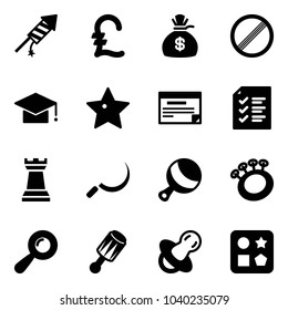Solid vector icon set - firework rocket vector, pound, money bag, no limit road sign, graduate hat, star, schedule, list, chess tower, sickle, beanbag, soother, cube hole toy