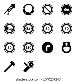 Solid vector icon set - firework rocket vector, christmas wreath, prohibition road sign, no moto, trailer, limited width, speed limit 30, 50, 80, 130, only right, finger ring, sledgehammer