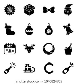 Solid vector icon set - firework vector, gift, bow, santa claus, christmas sock, ball, bell, calendar, deer, wreath, champagne, sleigh, cent, fizz opening