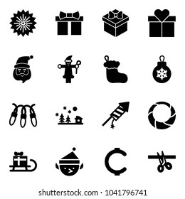 Solid vector icon set - firework vector, gift, santa claus, christmas sock, ball, garland, landscape, rocket, wreath, sleigh, elf, cent, opening