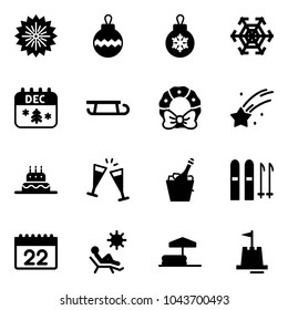 Solid vector icon set - firework vector, christmas ball, snowflake, calendar, sleigh, wreath, falling star, cake, wine glasses, champagne, ski, beach, inflatable pool, sand castle