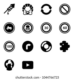 Solid vector icon set - firework rocket vector, christmas wreath, exchange, prohibition road sign, no moto, dangerous cargo, speed limit 30, 60, 100, only right, lifebuoy, puzzle, man globe