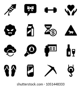 Solid vector icon set - firework rocket vector, bow message, barbell, heart care, virus, milk, account history, cow road sign, refresh cloud, head hunter, presentation, wine, flip flops, drink, axe